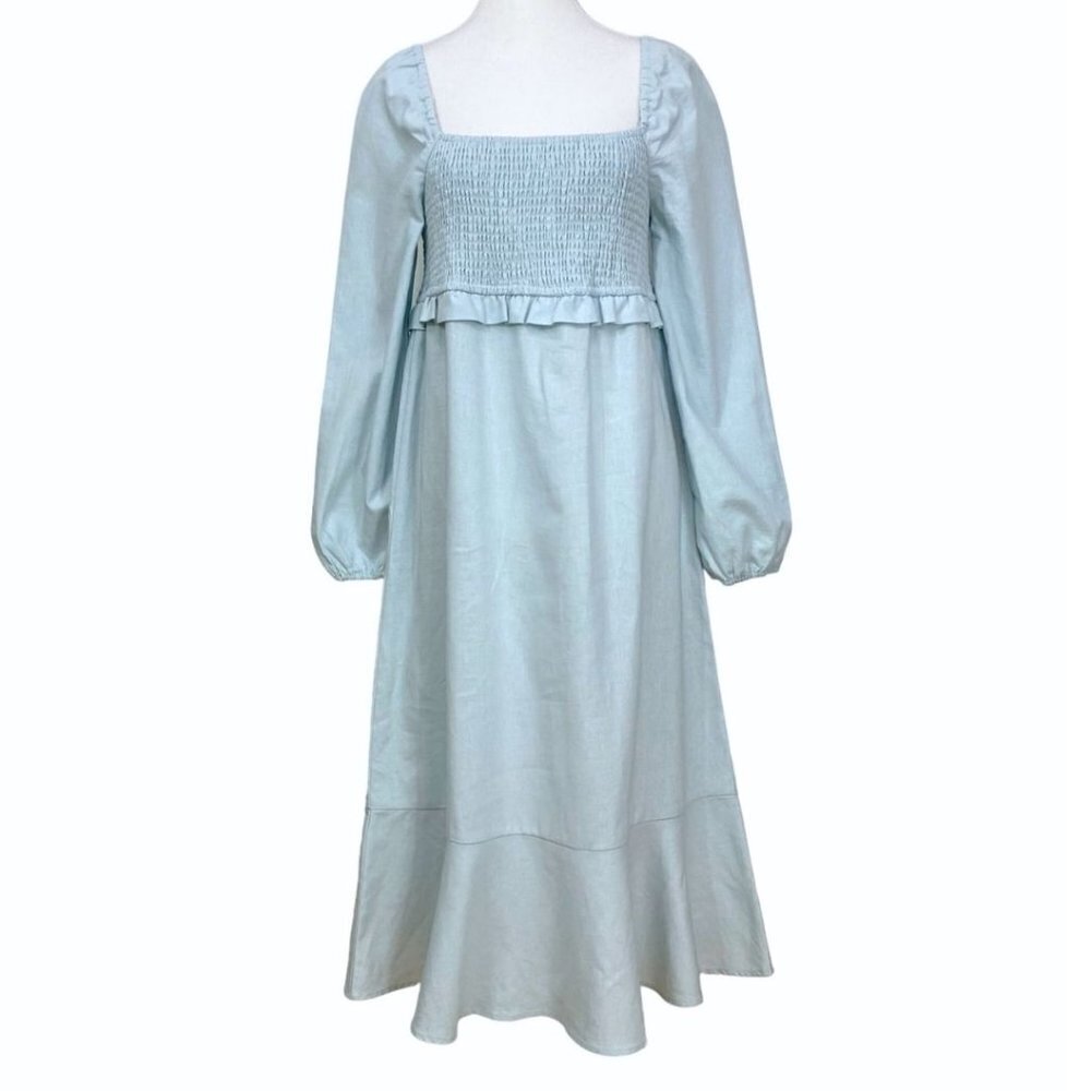 7 FOR ALL MANKIND BABY BLUE LINEN PEASANT SMOCKED MIDI DRESS - M